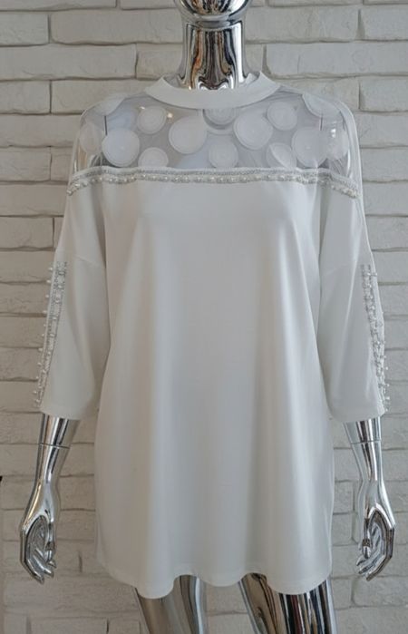 Overchic unikatowa tunika perełki tiul kwiatki 3d plus size 52 54