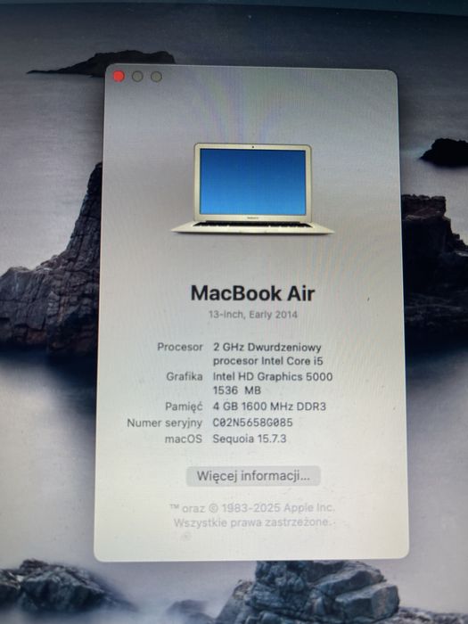 MacBook Air 13” Early 2014 (A1466) – sprawny, macOS Sequoia 15.7.3