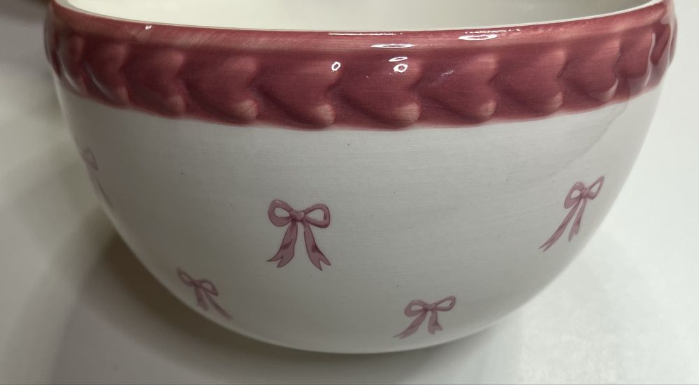 Miska ceramiczna kremowa różowe serca kokardki 14 cm śniadaniowa