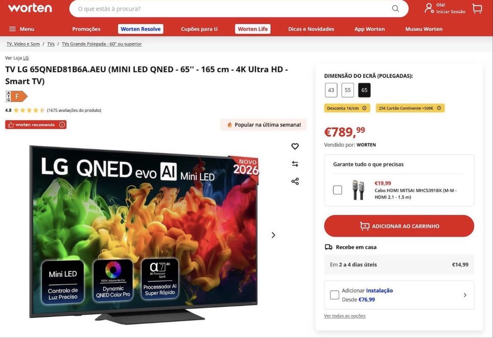 TV Mini-Led 65” LG QNED81B6A.AEU Ultra HD 4K  (Garantia 3 anos até 05/2029)