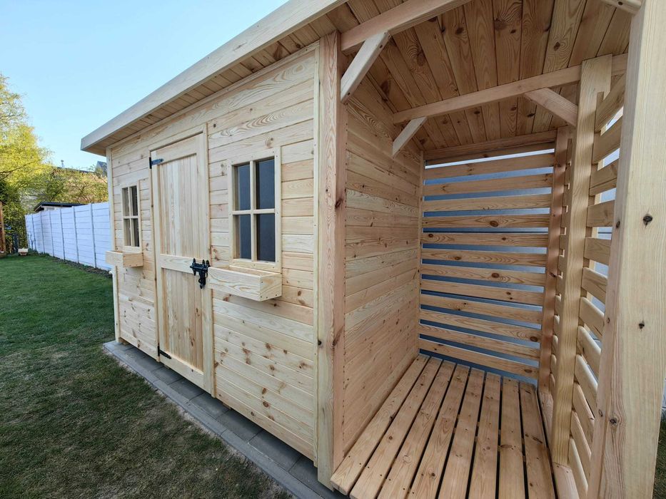 Domek ogrodowy z drewutnią 4x1,5m, drewniany domek z praktyczną wiatą