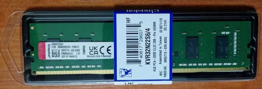 Модуль пам'яті Kingston 4 GB DDR4 3200 MHz (KVR32N22S6/4)  - НОВА