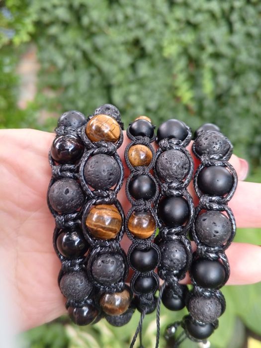 Чорний турмалін, тигрове око, лава. Браслет