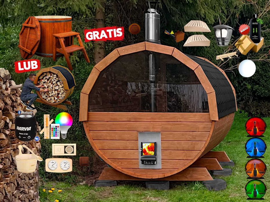 SAUNA Ogrodowa 300 cm + OKNO 50% + GRATIS Beczka 500L + Akcesoria