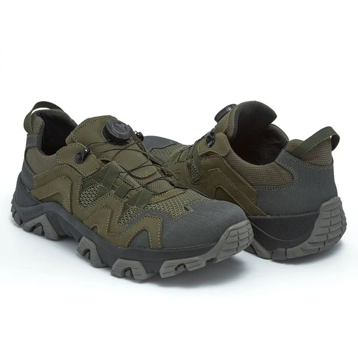 Тактичні кросівки з автошнуровкою чоловічі літні шкіряні з сіткою хакі