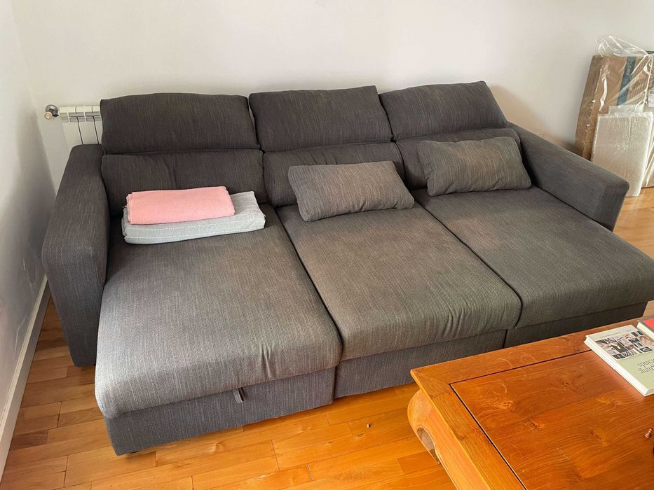 Sofá Cama Cinzento com Chaise Lounge