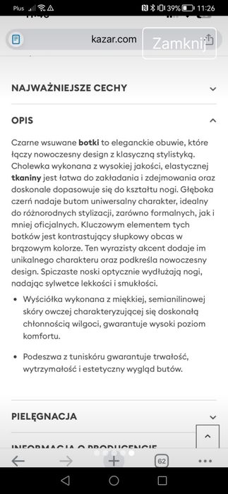 Kazar botki rozm. 38 na słupku