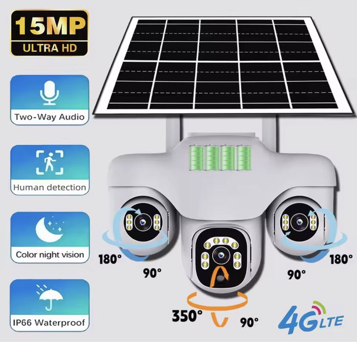 АВТОНОМНА ВІДЕОКАМЕРА 3ШТ РTZ 15мр 10x ZOOM 4G V380Pro вулична камера