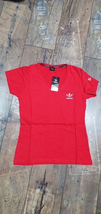 Czerwona koszulka damska bawełna premium logo trzy pasy S