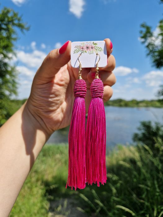 Kolczyki damskie boho różowe wiszące frędzle nowe złote