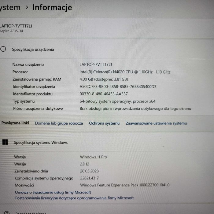 Laptop ACER Aspire 3 A315-34-C6K4 15.6" Stan Igła!