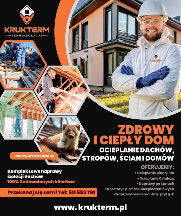 Ocieplenie Celulozą, Naprawa Dachu po Kunie, Piana Pur, Wdmuchiwanie