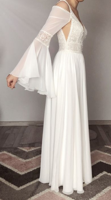 Nowa suknia ślubna Boho zwiewna muślinowy dół odpinane rękawy