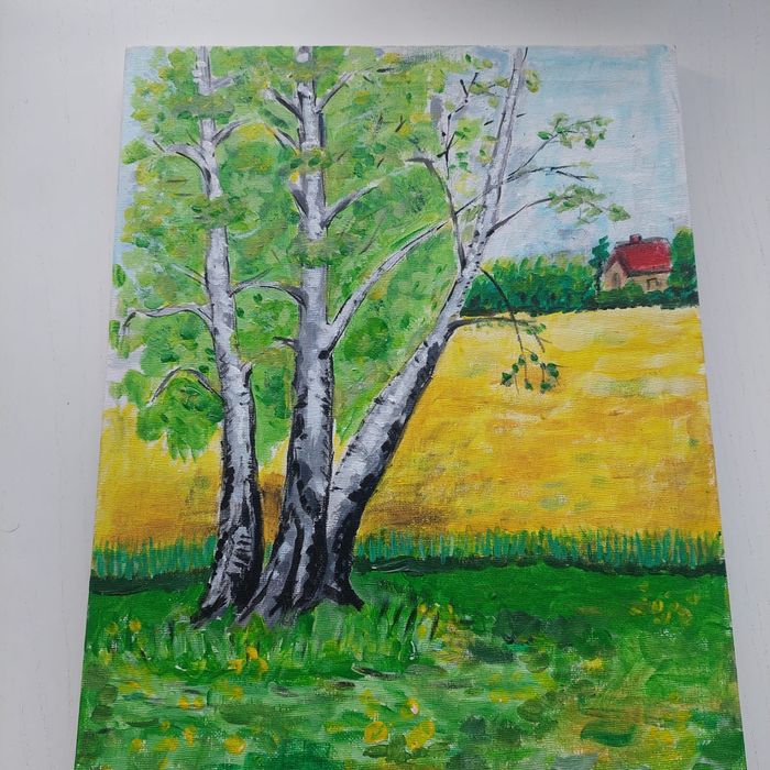 Pejzaż brzozy, domek sielski klimat. Olejno malowany na płótnie. Preze