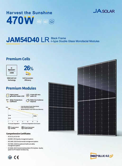 Panel fotowoltaiczny JA SOLAR JAM54D40-470/LR N-TYPE szkło/szkło mono czarna rama
