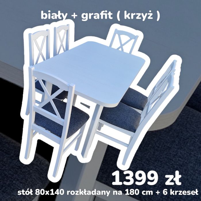 Nowe: Stół rozkładany + 6 krzeseł krzyżak,  biały + grafit,  transport cała Polska, WWW.DX-MEBLE.PL