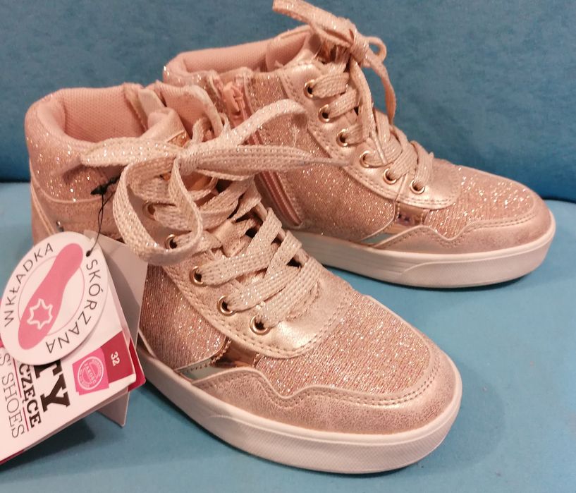 NOWE 32 złote sneakersy brokatowe skórzana wkładka suwak sznurówki