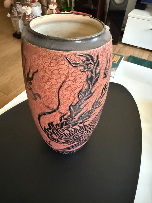 Duża ceramiczna  waza artystyczna ze smokiem lata 50 XXw