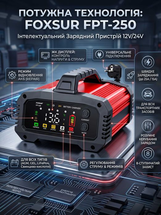 Автомобільний пуско-зарядний пристрій Foxsur FPT-250 12V/24V 25A/15A для АКБ 6–400Ah, імпульсний зарядний
