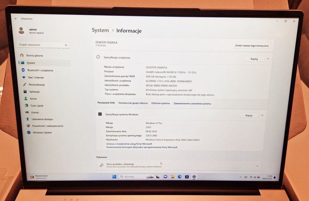 Laptop Intel Celeron 11 Gen. Windows 11 Pro PL