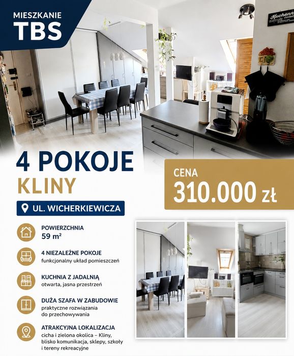 Ładne MIESZKANIE TBS,  4 pokoje, pow. 59m², KLINY - ul. Wicherkiewicza