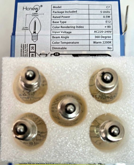Lâmpadas led filamento c7 e12 0,5w 2200k – pack de 5