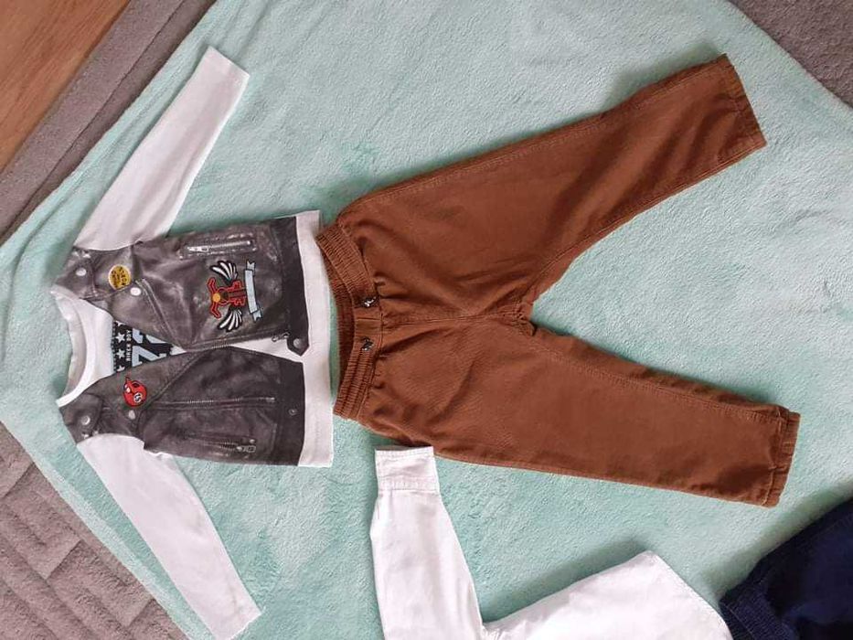 Elegancki zestaw dla chłopca, spodnie H&M, biała koszula, bluzka; r.92
