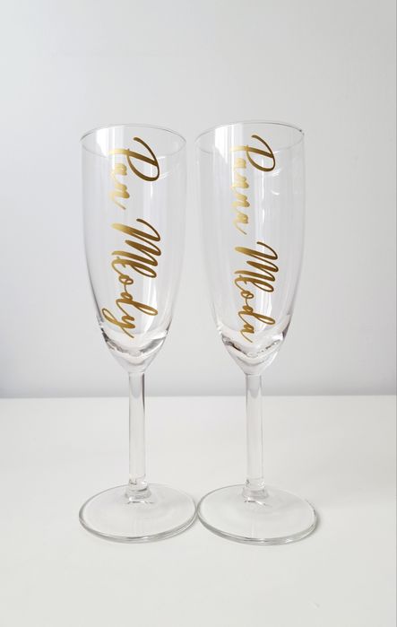 Kieliszki do szampana szampanówki Panna Młoda Pan Młody Złote napisy