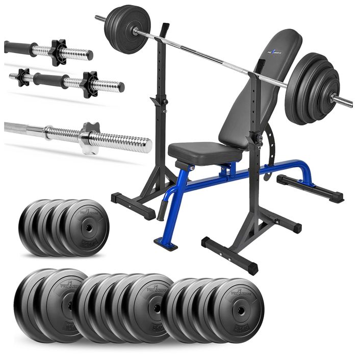 Zestaw kulturystyczny 99kg z ławką treningową hantle gryf obciążenia