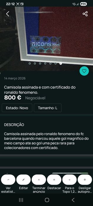 Camisola do fenómeno  r9  assinada  e com certificado