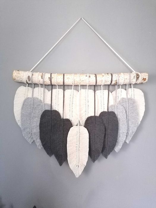 Makrama ścienna listki duże szare piórka BOHO DEKORACJA wnętrz