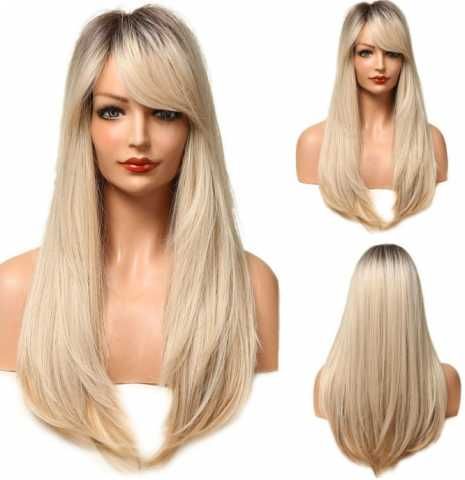 Peruka damska długie włosy blond z grzywką objętość realistyczna 65 cm