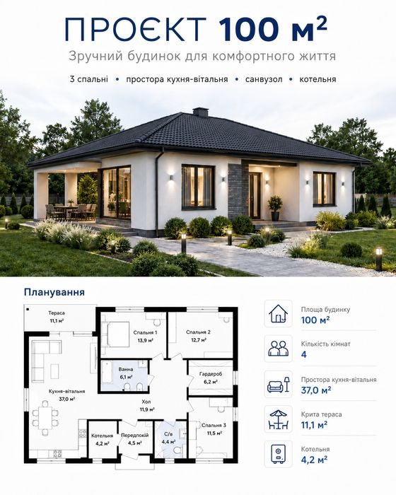 Будинок 120 м² з земельною ділянкою | 3 спальні | Тераса | $