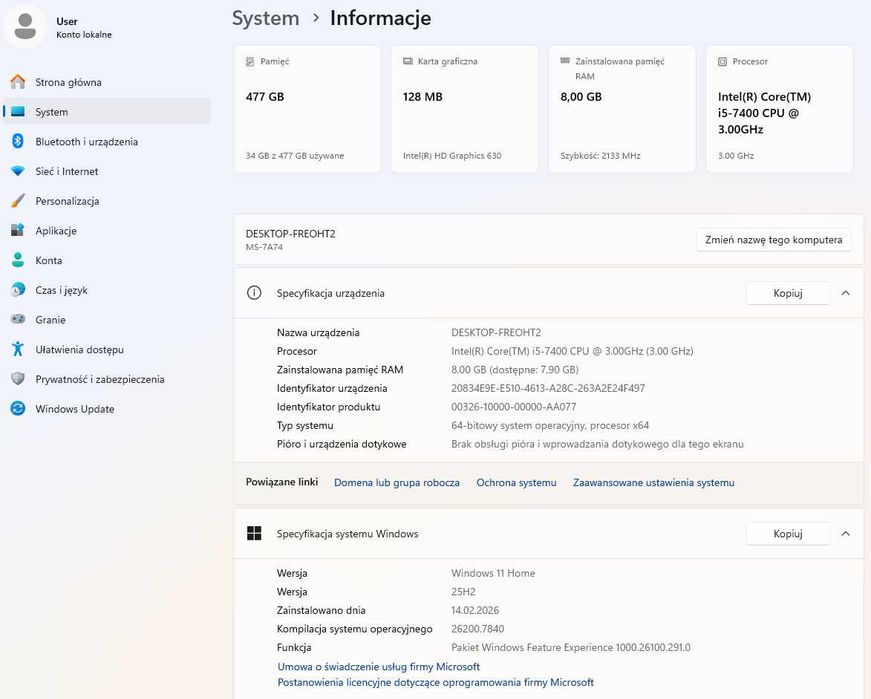 Komputer Intel Core i5-7400 SSD 480GB, RAM 8GB DDR4, Win 11 Home