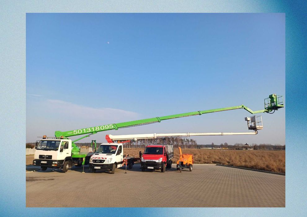 Podnośnik koszowy, wycinka drzew, prace na wysokości, usługi rębakiem