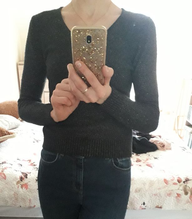 Sweter damski klasyczny 34 xs czarny srebrna nitka