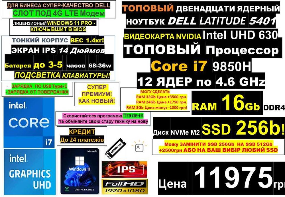 150+ Ноутбуківℹ️TOP DELL 14" IPS‼️Core i7 9850H 12 ЯДЕР/SSD 256Gb/RAM 16-32Gbℹ️Traid-in‼️Розтрочкаℹ️