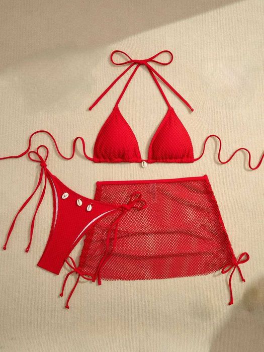 Женский красный раздельный купальник сетка размер М (лиф, плавки юбка)