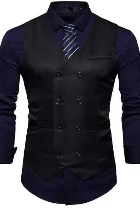 Czarna elegancka kamizelka męska slim fit dwurzędowa – rozmiar M