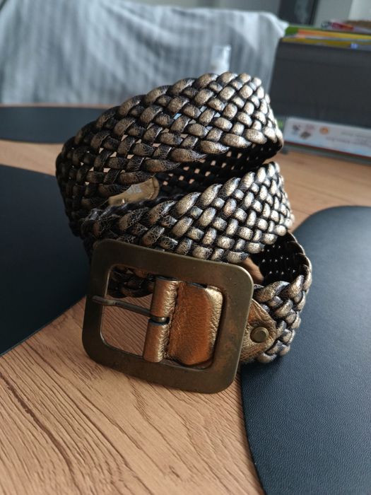 Pasek pleciony skóra naturalna retro vintage brąz złoto