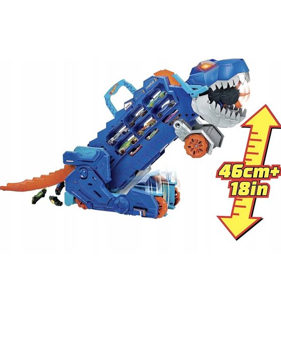HOT WHEELS T-REX MEGA Trandporter dinozaur 2w1 Tory Wyścigowe  + autka