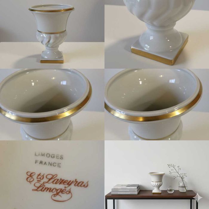 Vaso Porcelana Limoges França – Ets. Lazeyras – Branco e Ouro