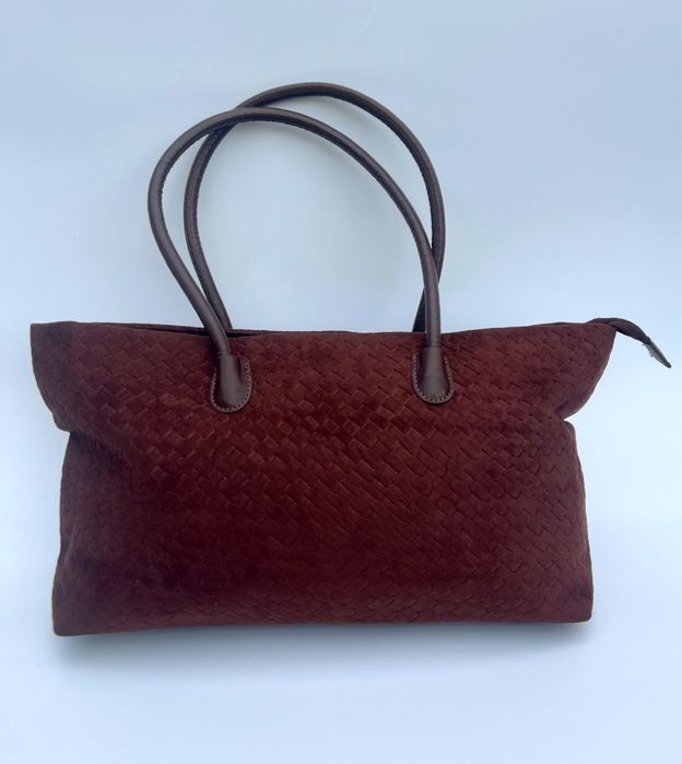 Brązowa zamszowa czekoladowa pleciona pojemna torebka shopperbag  na jesień