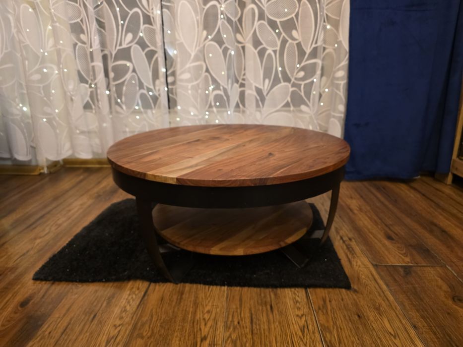 Stolik kawowy retro industrialny drewno i stalowe czarne nogi