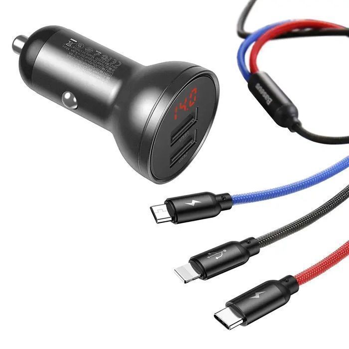 Ładowarka samochodowa Baseus z wyświetlaczem 24W + kabel USB 3w1
