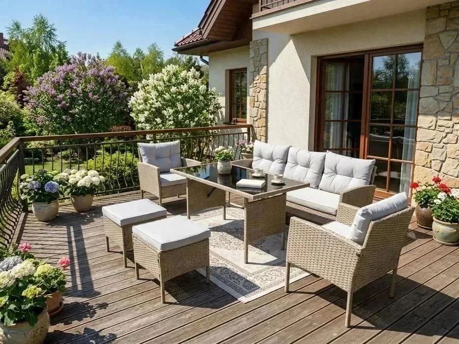 NOWY Duży Zestaw Mebli Rattanowych 7 osobowy Ogrodowy Komplet Jadalniany Na Taras Do Ogrodu Beżowe Szare Stół Sofa Fotel Pufy Meble Dla Całej Rodziny!
