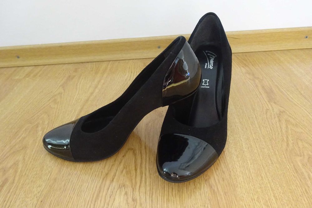 Czółenka czarne skórzane na obcasie rozmiar 38, obcas 8,5 cm