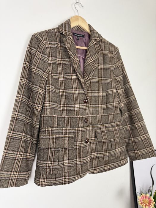 Laura Ashley żakiet w kratę z wełną Wool Blazer vintage retro 42