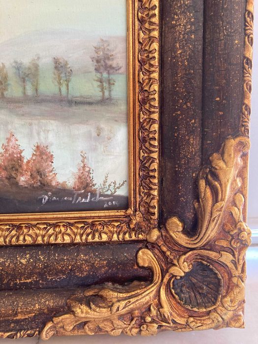 Quadro a óleo com moldura em madeira policromada