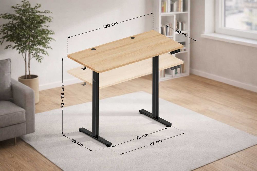 NOWE Biurko Elektryczne Regulowane 120x60cm Podnoszone 72 – 118 cm Dąb